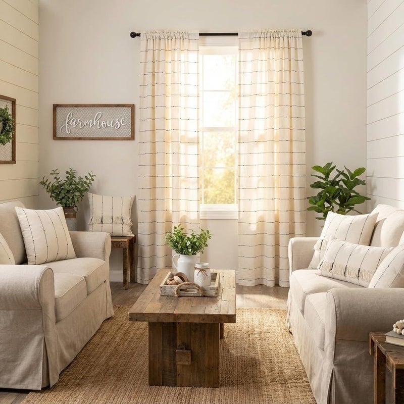 Piper Classics Farmcloth Stripe Panel Curtains, Set of 2, 84" Long, Urban Rustic Farmhouse Style Curtain, Natural Cream Woven w/Black Stripes - Image 2